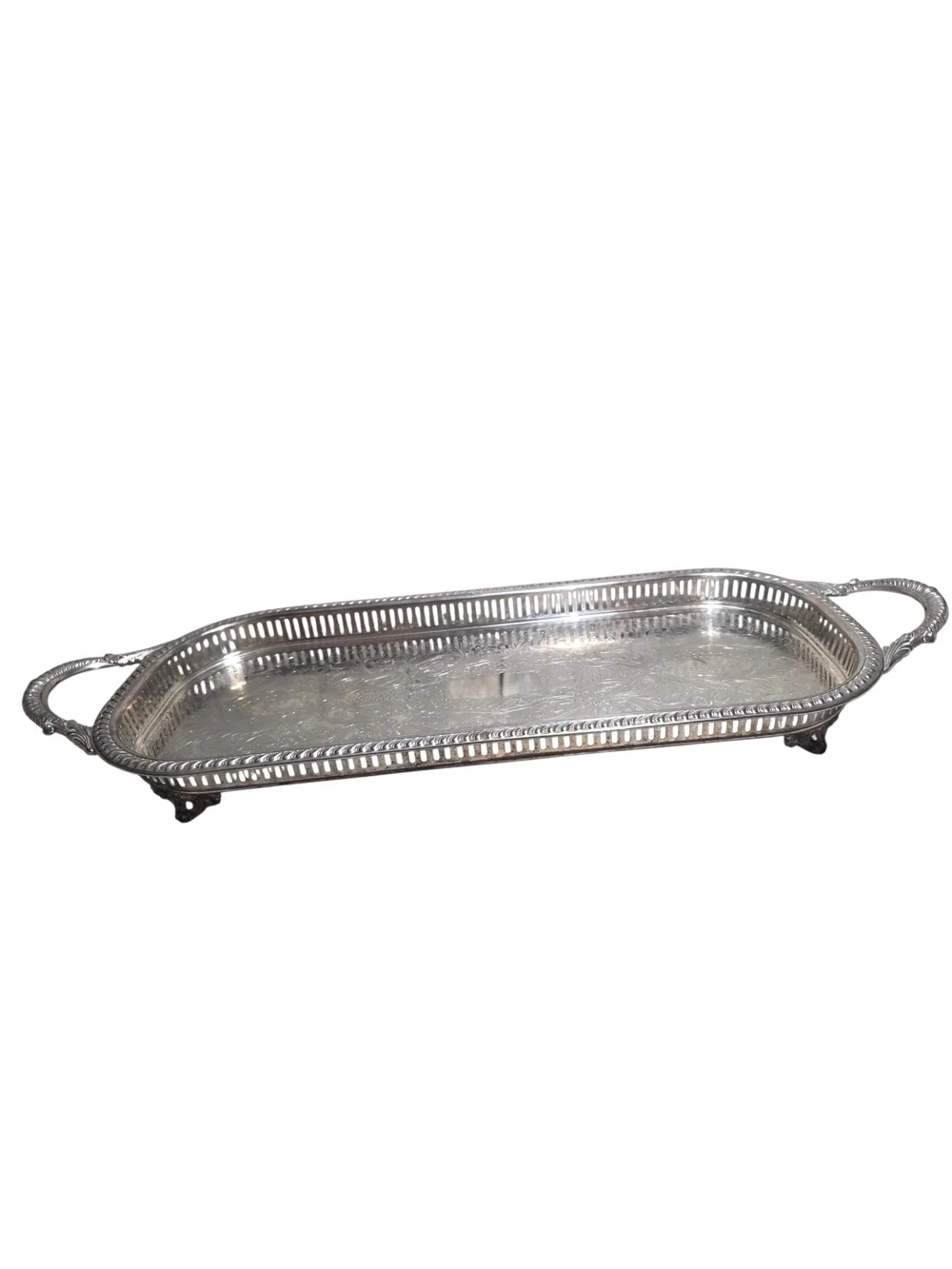English Silver Silverplate Decorative Serving Tray with Handles